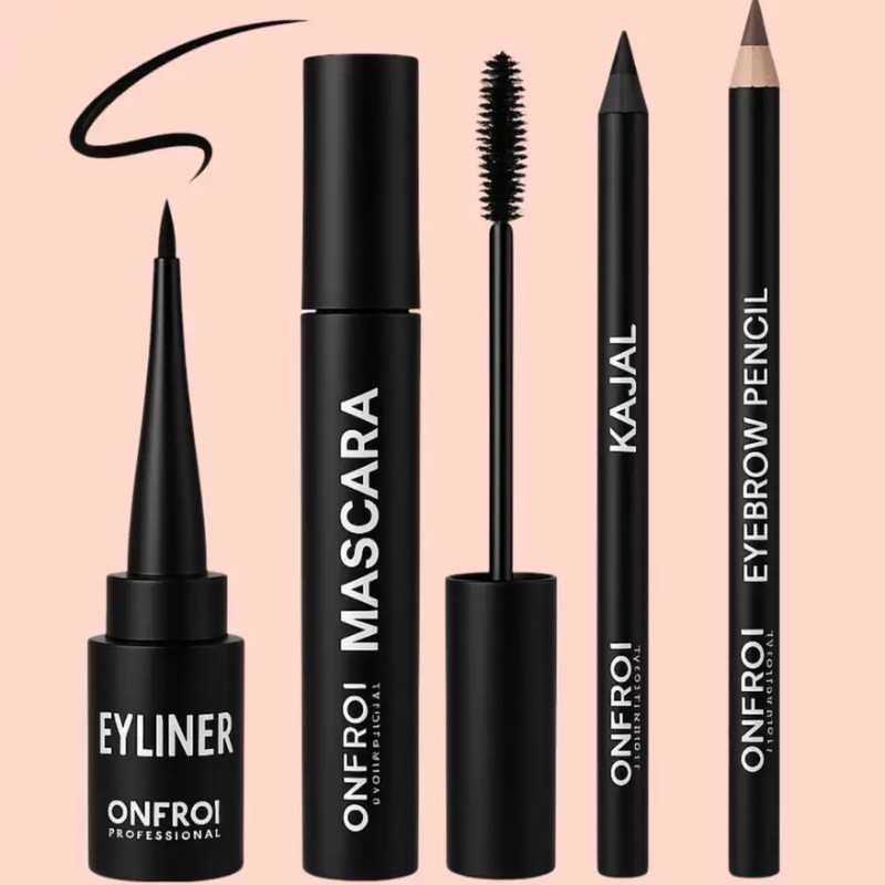 Onfroi Waterproof, EYELINER with MASCARA ,EYEBROW PENCIL and KAJAL (4 Items in the set) (Black, 20 ml)
