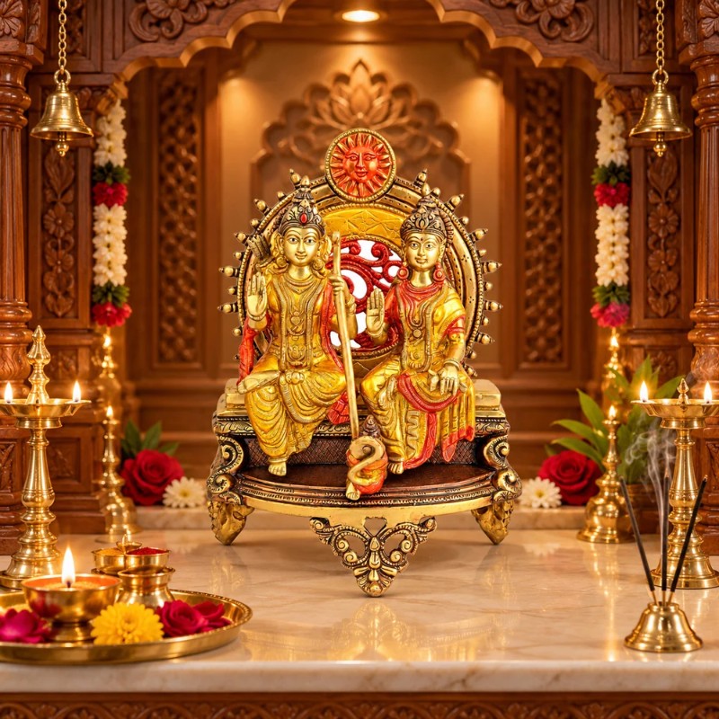 SATVIK 12.99 Inch Ram Sita Brass Idol Seated on Throne