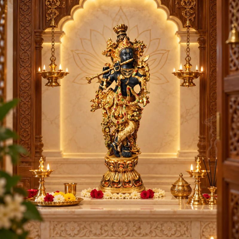 SATVIK 28 Inch Brass Krishna Sculpture with Artistic Detailing