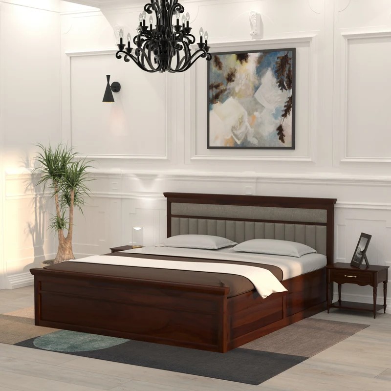 Handcrafted Wooden Hydraulic Bed with Cushion Headboard - Acacia wood