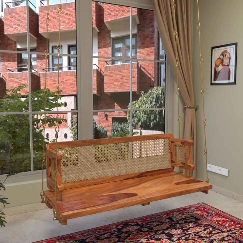 Woodsala Traditional Classic Reversible Cane Back Wooden Handmade Swing for Home - Sheesham wood