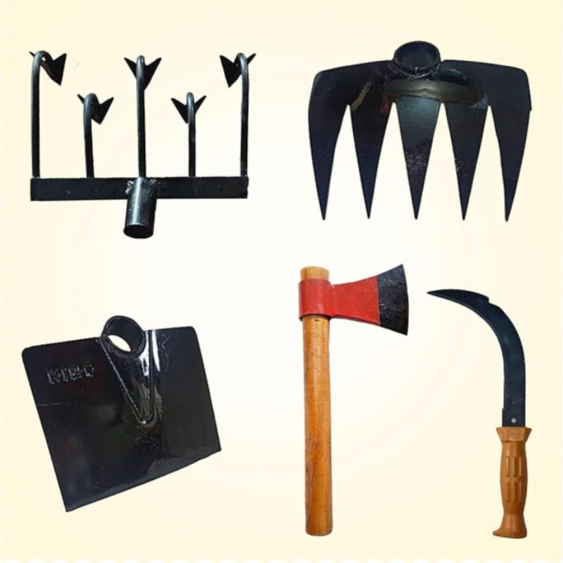 GT-Gardening Tool Set with Cutter, Sickle, Hoe, Rake & Hand Weeder, Wooden Handle Manual Home Garden & Farming Tool, Wooden Handle Garden Tool, Agriculture Hand Tool (Cutter,K,P,N,D)