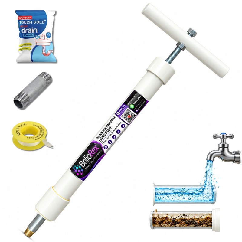 BrilloRex Blockage Remover Hand Pump 24 Inch Water Pipe Cleaner  Manual pipeline blockage cleaning pump for slow water flow half inch GI nipple PTFE tape