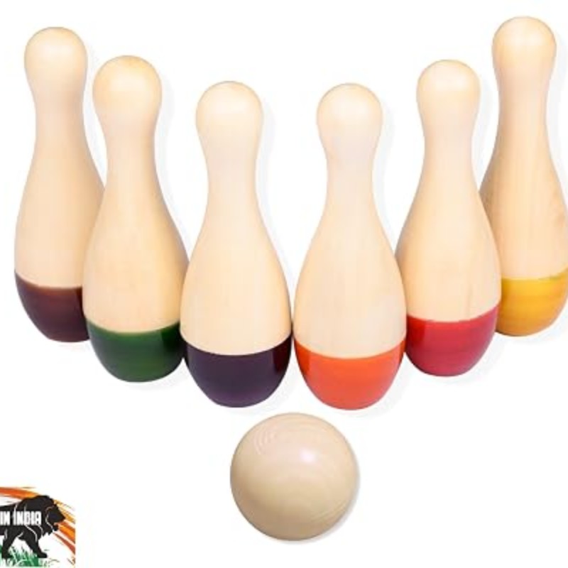 GIFT EQUALS LOVE Wooden Bowling Pins Toy Set Natural (2 Years+) - Indoor & Outdoor Fun Learning Game for Kids with a Beautiful Canvas Bag (Premium)